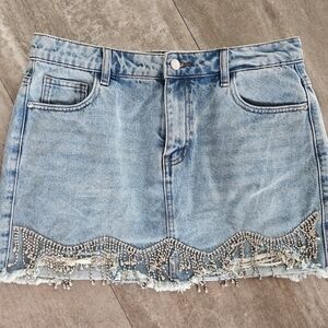 Denim Skirt with Rhinestone Fringe